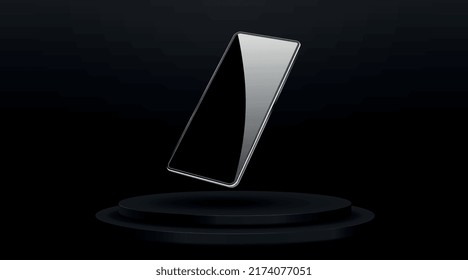 Realistic phone on podium. Presentation smartphone, gadget or device on pedestal. Promotion of technologies on Internet, advertising poster or banner for website, marketing. 3D vector illustration