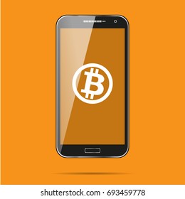 Realistic phone pc computer with Bitcoin Cripto currency blockchain logo.