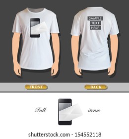Realistic Phone printed on white shirt. Vector design. 