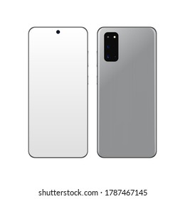 Realistic phone screen smartphone. Mock up of modern quad camera smartphone. Stock vector illustration on white isolated background.