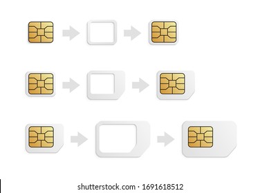 Realistic phone sim-card converter set. eSIM to Nano, Nano to Micro, Micro to Normal SIM card adapter.