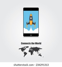 Realistic phone. Start up concept and World map