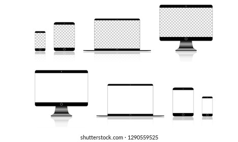 Realistic Phone, Tablet, Laptop and Computer monitor with white screen on blank background. Eps10