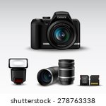 Realistic photo camera and flash lens sd card accessory set vector illustration