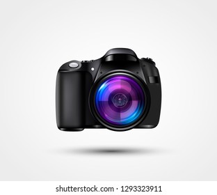 Realistic photo camera. Professional photo studio concept. Vector illustration