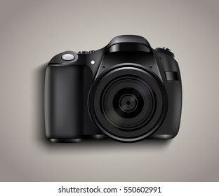 Realistic photo camera. Professional photo studio concept. Vector illustration