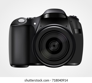 Realistic photo camera. Professional photo studio concept. Vector illustration