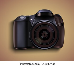 Realistic photo camera. Professional photo studio concept. Vector illustration