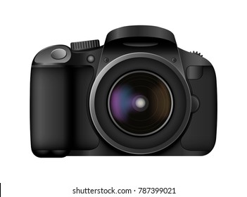 Realistic photo camera. Professional photo studio concept.