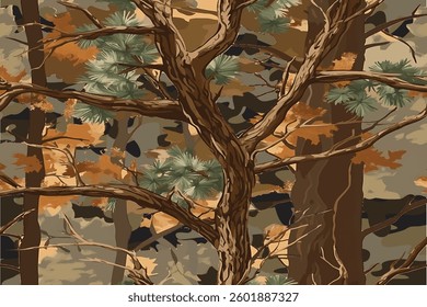 A realistic photo of a camouflage pattern with brown leaves and green pine branches, high resolution	
