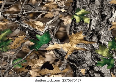 A realistic photo of a camouflage pattern with green leaves and brown oak tree branches. The background is a forest camouflage