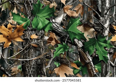 A realistic photo of a camouflage pattern with green leaves and brown oak tree branches. The background is a forest camouflage