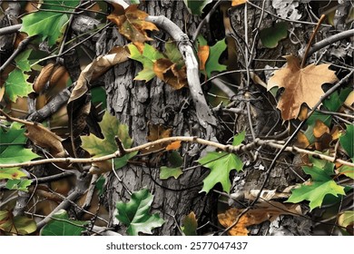 A realistic photo of a camouflage pattern with green leaves and brown oak tree branches. The background is a forest camouflage