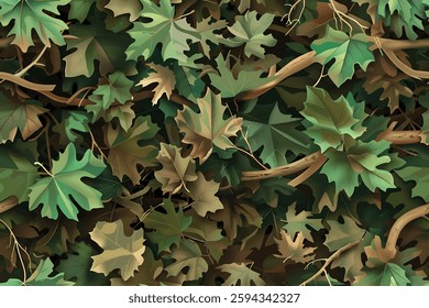 A realistic photo of a camouflage pattern with green leaves and brown oak tree branches