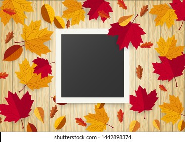 realistic photo card frame film set decorated with autumn theme. retro vintage photograph with falling red and orange maple leaf. template or mock up for design vector illustration.