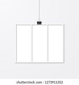 Realistic photo frame hanging with binder clips isolated on white wall. Photo collage vector template. Wedding album page layout. Mockup for photographers. Free space for your photography or design.