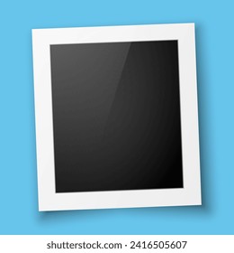 Realistic photo frame layout with highlights on a blue background. Vintage postcard. The layout of an empty photo frame with a shadow. Vector EPS 10.