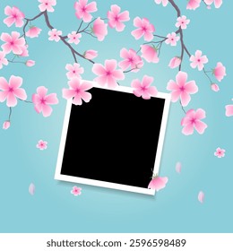 Realistic photo frame mockup styled for scrapbook, featuring shadows and backdrop of cherry blossoms. Spring-themed vector illustration with sakura flowers