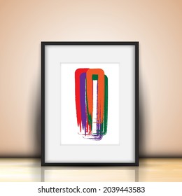 Realistic photo frame with modern brush stroke art in red violet orange and green color. Vector illustration