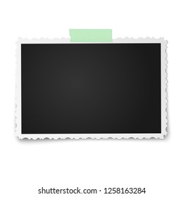 Realistic photo frame with retro figured edges on sticky tape placed horizontally on white. Vector photo template.