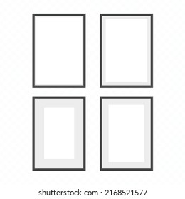 Realistic photo frame set isolated on white background. Black, blank picture frames for A4 image or text. Modern design element for you product mock-up or presentation. Vector illustration EPS 10