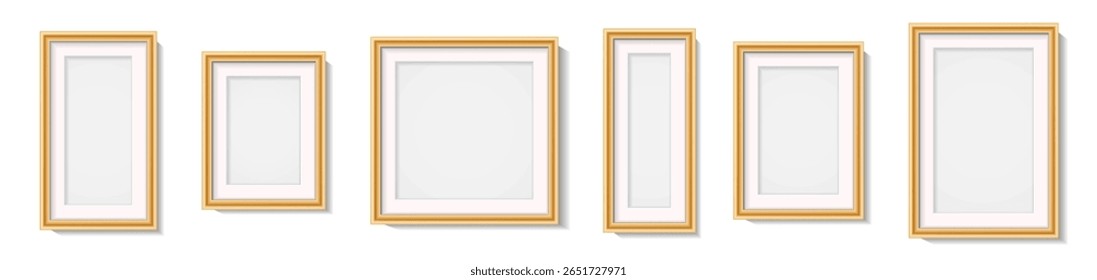 realistic photo frame set with wooden border. modern simple design rectangle frames mockup