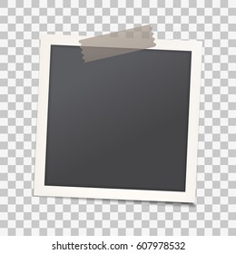 Realistic photo frame with shadow on transparent isolated background, Empty photography snapshot template with adhesive tape. Mock up for vintage stylish photos or images, EPS10