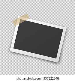 Realistic photo frame with shadow pin on sticky tape. Old empty black snapshot  isolated on transparent background. Vector picture for your design.