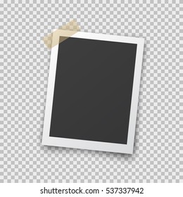 Realistic photo frame with shadow pin on sticky tape. Old empty black snapshot  isolated on transparent background. Vector picture for your design.