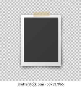 Realistic photo frame with shadow pin on sticky tape. Old empty black snapshot  isolated on transparent background. Vector picture for your design.