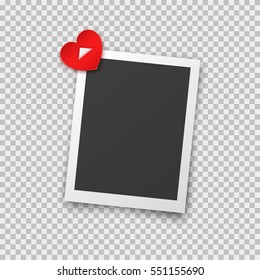 Realistic photo frame with shadow pin on red heart sticky tape. Old empty black snapshot isolated on transparent background. Vector picture for Happy Valentines Day or love design.