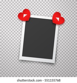 Realistic photo frame with shadow pin on red heart sticky tape. Old empty black snapshot isolated on transparent background. Vector picture for Happy Valentines Day or love design.