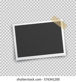 Realistic photo frame with shadow pin on sticky tape. Old empty black snapshot  isolated on transparent background. Vector picture for your design