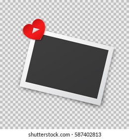 Realistic photo frame with shadow pin on red heart sticky tape. Old empty black snapshot isolated on transparent background. Vector picture for Happy Valentines Day or love design.