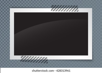 Realistic photo frame with shadow and transparent adhesive tape on a dark checkered white background. Photo border for the family album. Vector illustration for your design and business.