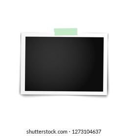 Realistic photo frame with straight edges on sticky tape placed horizontally on white background. Vector template photo design.