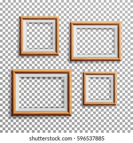 Realistic Photo Frame Vector. 3d Set Square, A3, A4 Sizes Light Wood Blank Picture Frame, Hanging On Transparent Background With Soft Transparent Shadow. Design Template For Mock Up.