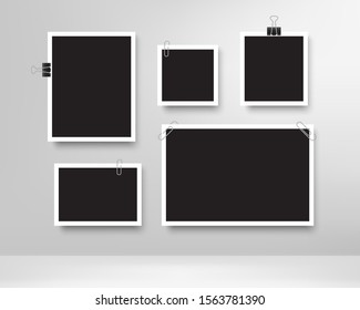 Realistic photo frames. Blank photos frame with paper clips, wall memory, retro image memories album. Vintage photo mock up for picture template. Vector