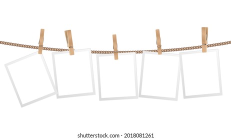 Realistic photo frames. Frame hanging on wooden clothespins on rope. Modern stylish decorative element for interior design, isolated scandinavian home accessory vector template