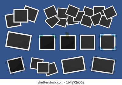 Realistic photo frames pack. Square frame template with shadows isolated on blue background. Vector illustration