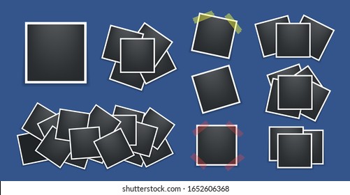 Realistic photo frames pack. Square frame template with shadows isolated on blue background. Vector illustration
