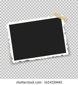 Realistic photo frames with retro shapes around the edges, on brackets and pieces of sticky adhesive tape and scotch tape. Vector illustration.