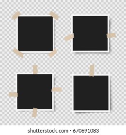 Realistic photo frames with shadows with adhesive tape. Isolated on transparent background,empty photography template. Mock up vector illustration