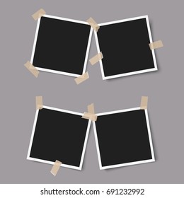 Realistic photo frames with shadows with adhesive tape on grey. Isolated,empty photography template. Mock up vector illustration