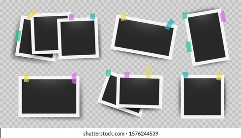 Realistic photo frames with tape. Retro 3D snapshot with white frame and sticky tape on the transparent wall. Vector concept old photo set print for gluing to wall pictures in white framing