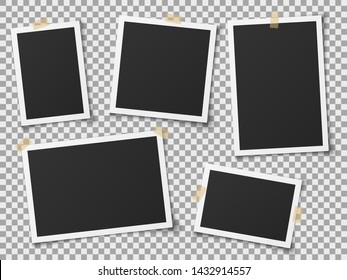 Realistic photo frames. Vintage empty photos frame with adhesive tapes. Images on wall, retro memory album. White blank square old card for photograph memories vector template
