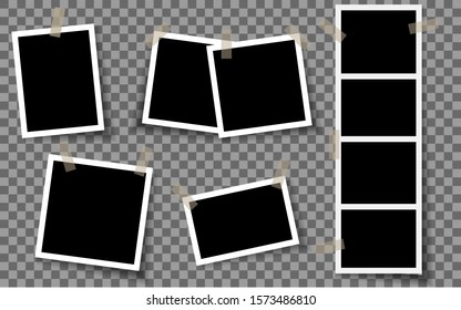 Realistic photo frames. Vintage empty photos frame with adhesive tapes. White blank square old card for photograph memories vector template. EPS 10