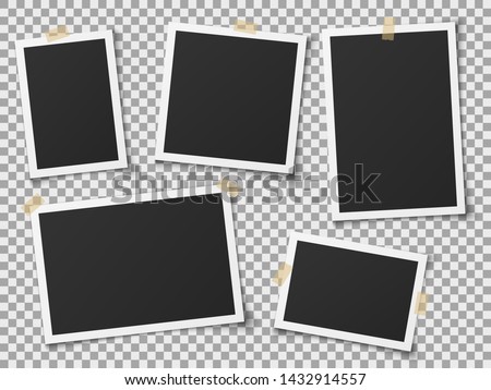 Realistic photo frames. Vintage empty photos frame with adhesive tapes. Images on wall, retro memory album. White blank square old card for photograph memories vector template