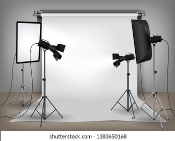 Realistic photo studio with lighting, softboxes on tripod stands and spotlights equipment and white backdrop, photo background mock up vector illustration