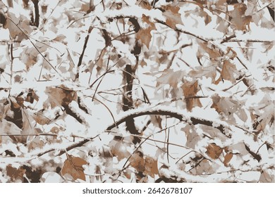 Une photo réaliste de branches d'arbres avec des feuilles, couvertes de neige, dans un motif de camouflage.Feuilles de chasse motif de camouflage. Camouflage forestier. Branches, feuilles, glands, arbres de Noël. 